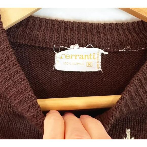 Vintage Ferranti Men Fair Isle Sweater Medium Pull-Over Grandpa Cozy Cabin Brown - Picture 6 of 8